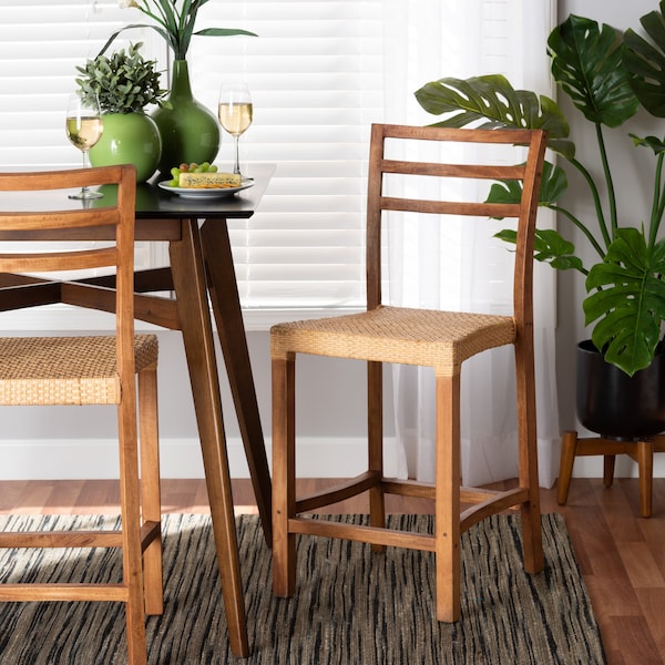 Baxton Studio Arthur MidCentury Modern Walnut Brown Mahogany Wood and Natural Rattan Counter Stool 212-12811-ZORO - main